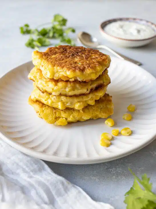 Corn Cakes with Garlicky Cilantro Yogurt Sauce