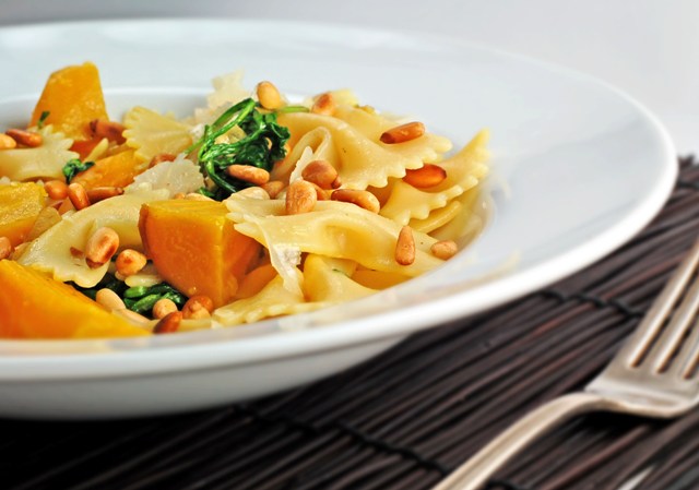 Farfalle with Golden Beets, Beet Greens and Pinenuts