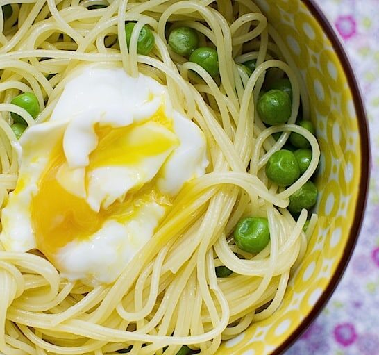 Roasted Garlic Pasta with Peas and Soft Boiled Egg