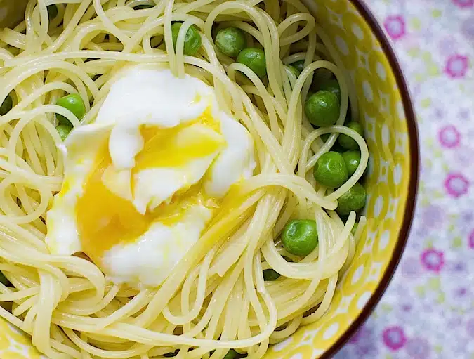Roasted Garlic Pasta with Peas and Soft Boiled Egg