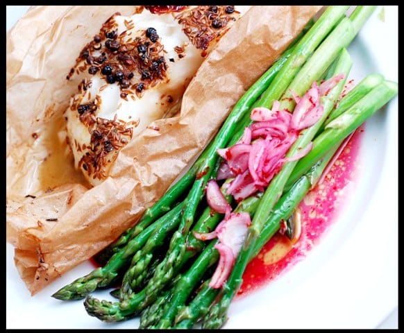 Roasted Chilean Sea Bass with Baby Spring Asparagus