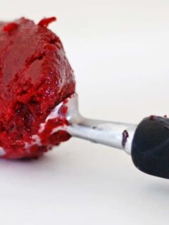 A spoon with a boysenberry sorbet in it.