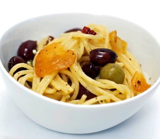 Pasta with Olives, Goat Cheese and Garlic Chips