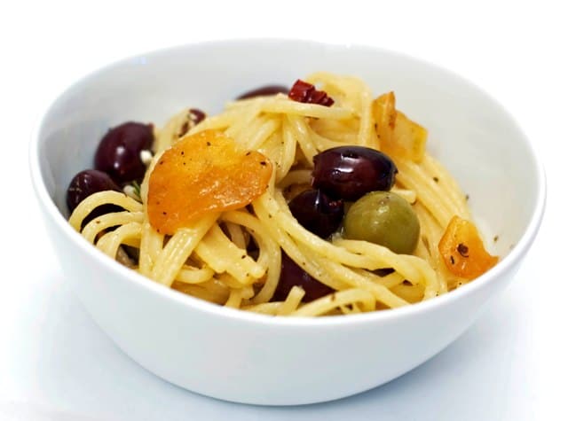 Pasta with Olives, Goat Cheese and Garlic Chips