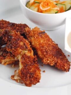 Coconut crusted chicken tenders with dipping sauce on a white plate.