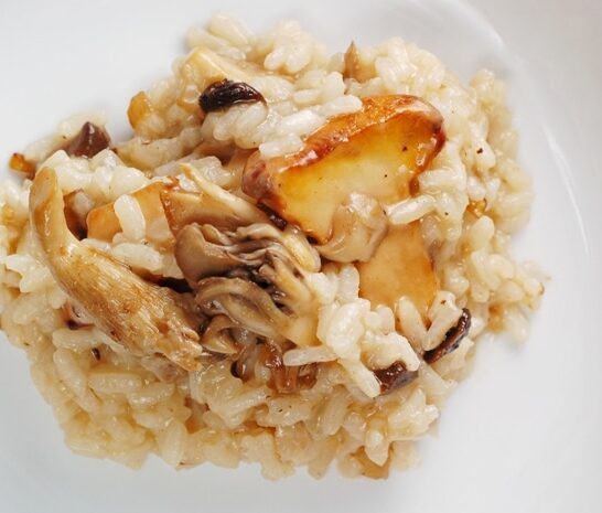 Aged Black Garlic Risotto with Chanterelle and Oyster Mushrooms