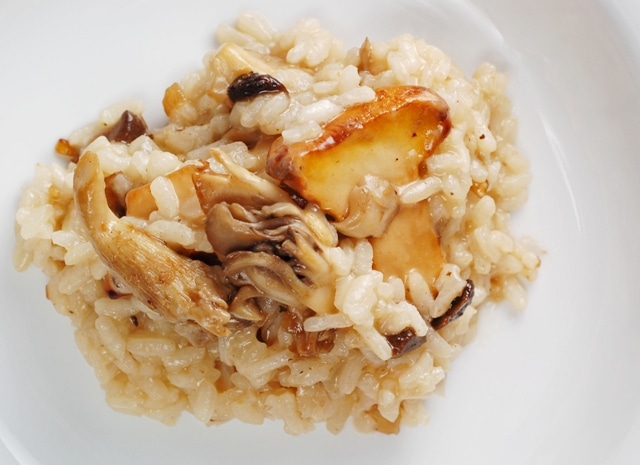 Aged Black Garlic Risotto with Chanterelle and Oyster Mushrooms