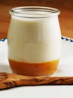 A jar of vanilla bean yogurt with a wooden spoon.