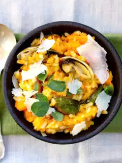 A bowl of Butternut Squash risotto with Parmesan.