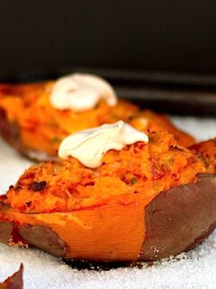 Twice Baked Sweet Potatoes with Chipotle Cream