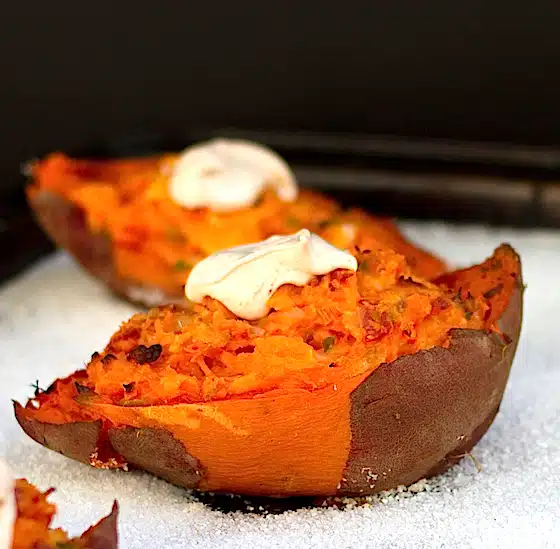 Twice Baked Sweet Potatoes with Chipotle Cream