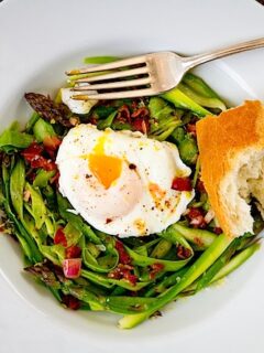 A plate with shaved asparagus and a fried egg.
