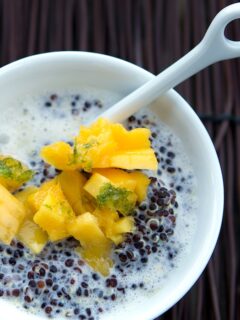 Quinoa pudding with mango and chia seeds.