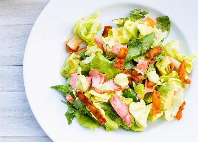 Copper River Salmon Salad with Creamy Asian Avocado Dressing