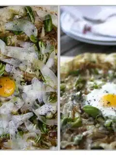 Two pictures of a pizza with an egg and asparagus topped with Padrón peppers.