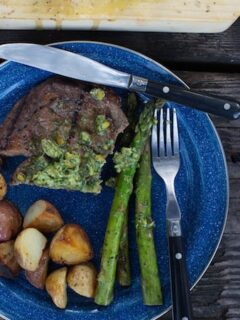 Rib Eye Steaks with Pistachio Butter and Asparagus