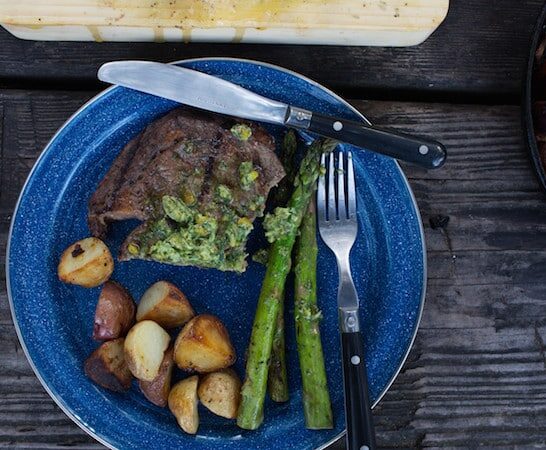 Rib Eye Steaks with Pistachio Butter and Asparagus