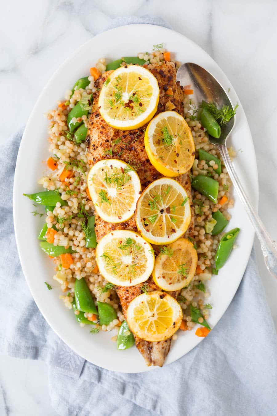 Roasted Harissa Lemon Sablefish with Spring Time Couscous