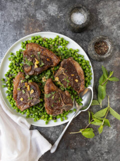 Pan Fried Lamb Loin Chops with Peas and Mint