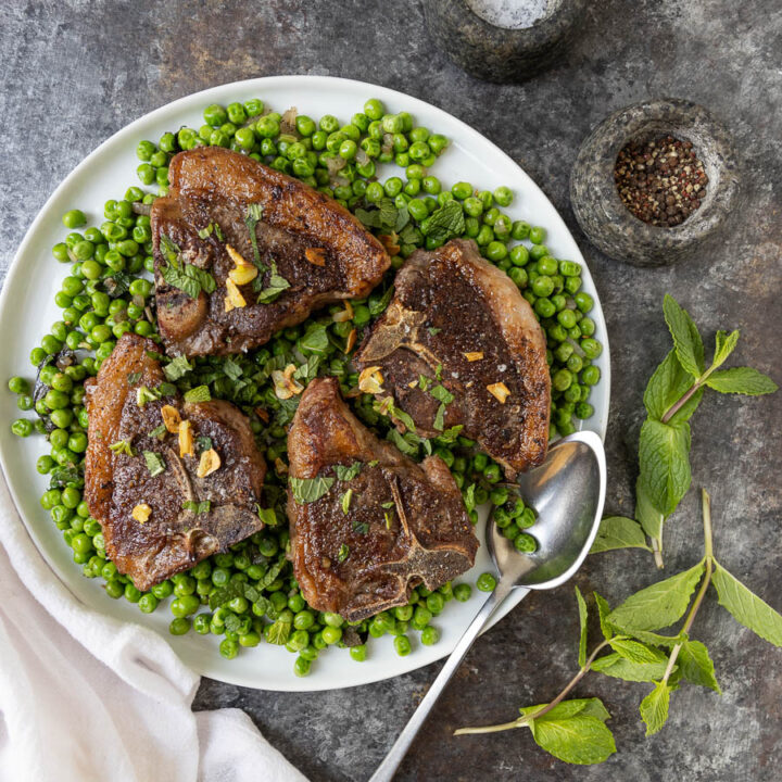 Pan Fried Lamb Loin Chops with Peas and Mint