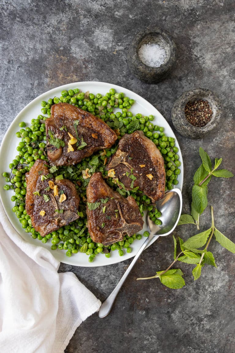 Pan Fried Lamb Loin Chops with Peas and Mint